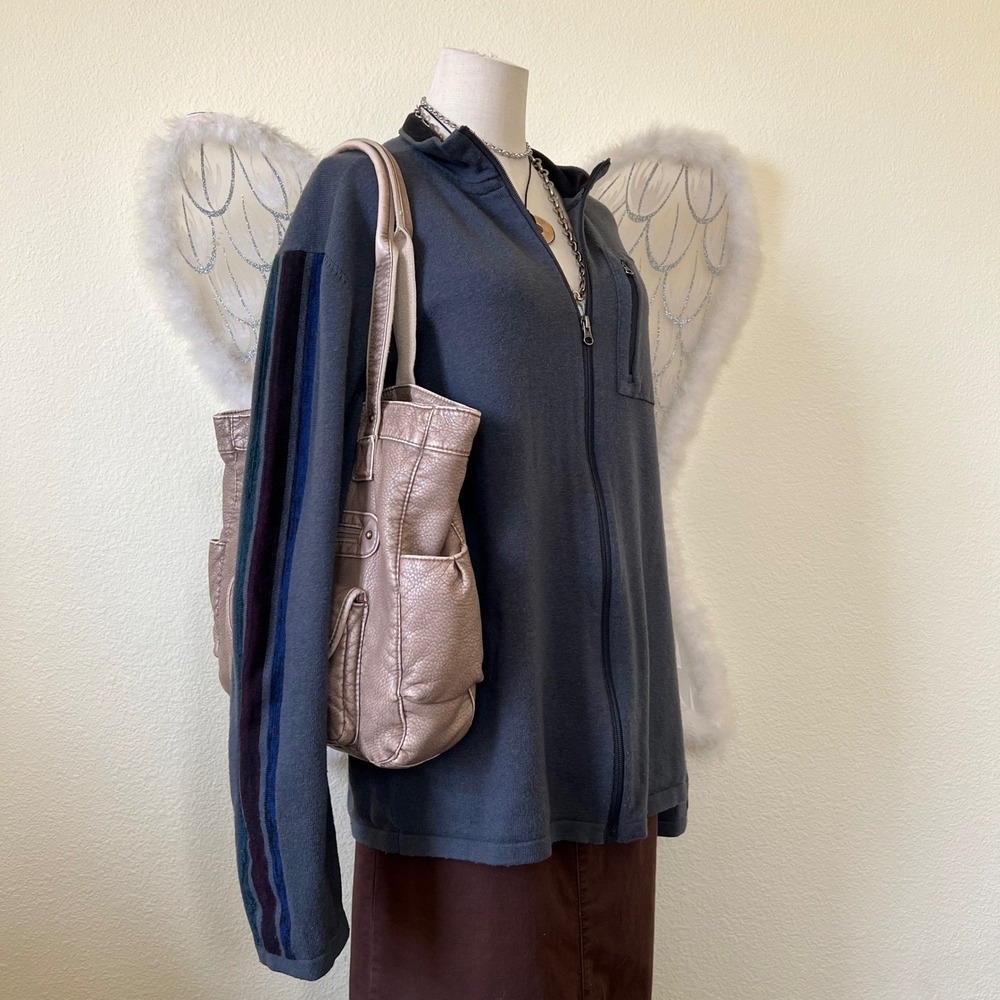 Indie Grunge Granola Girl Gray Zip Up Track Jacket Stripe Sleeve Cardigan Baggy